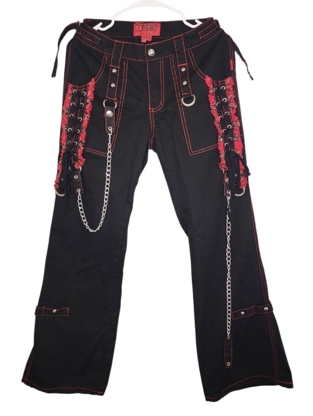 Tripp NYC Black And Red Plaid Lace-Up Chain Pants Size 5 READ FLAW
